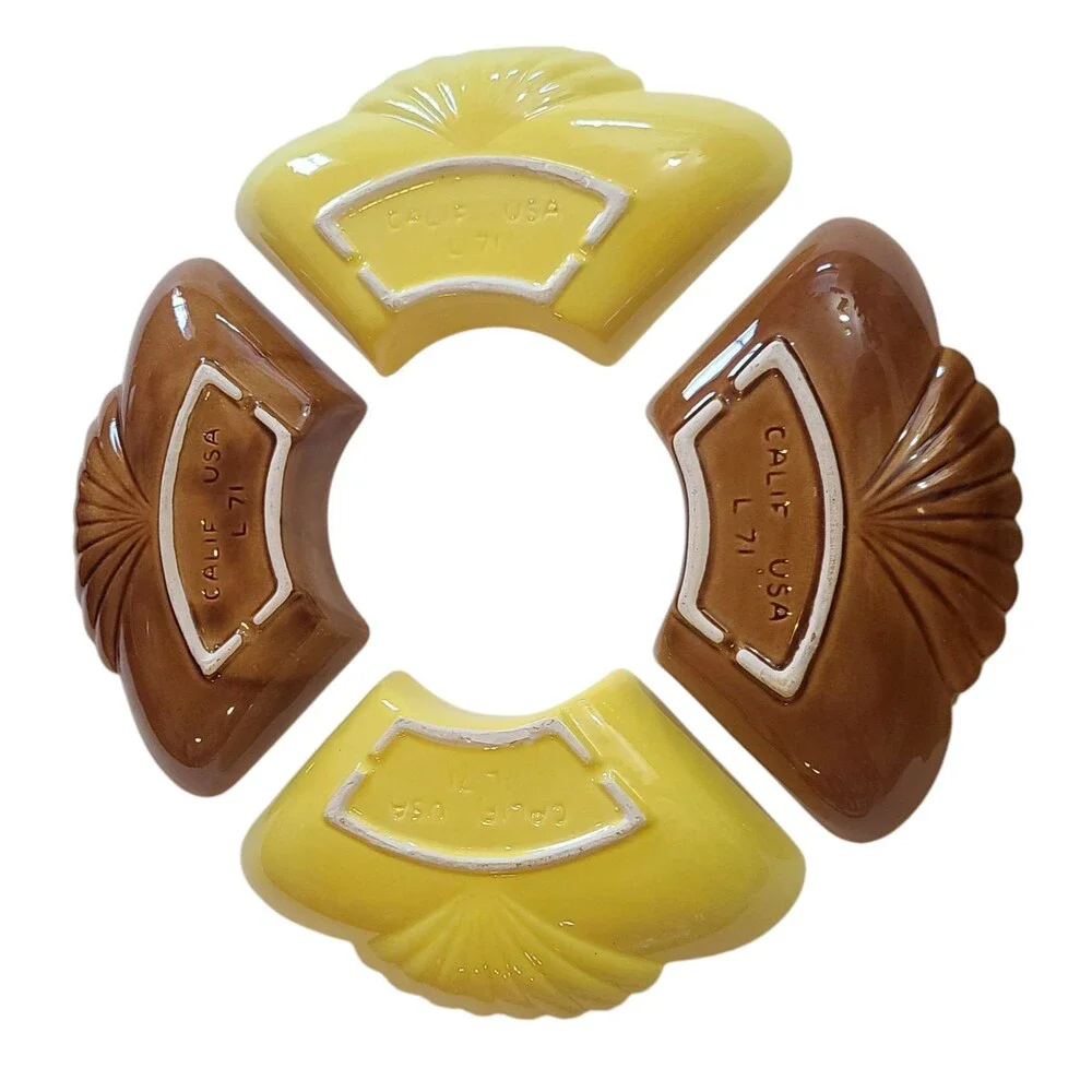 Vintage 4 California Pottery Lazy Susan Chip Dip Sections Yellow Brown USA L-71